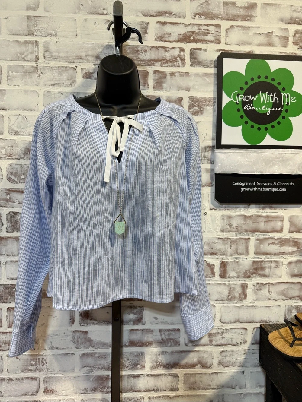 J. Crew Light Blue and White Striped Tie-Neck Blouse